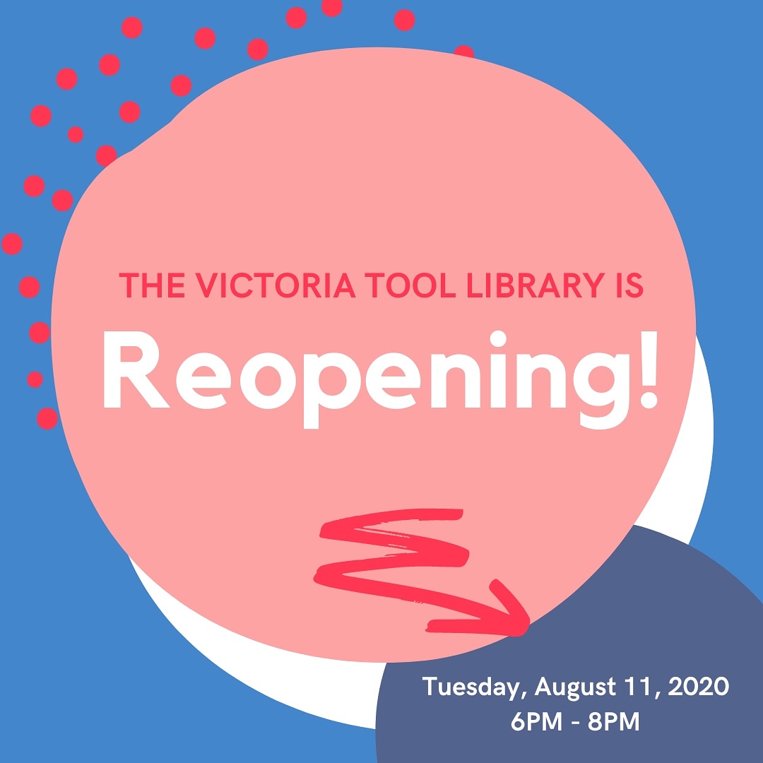 VicToolLibrary's tweet image. 🎉 We are reopening! 🎉 Our official opening date is Tuesday, August 11th from 6pm-8pm with window service only. 

Make sure to reserve your tools ahead of showing up, wear a mask, and practice social distancing!
