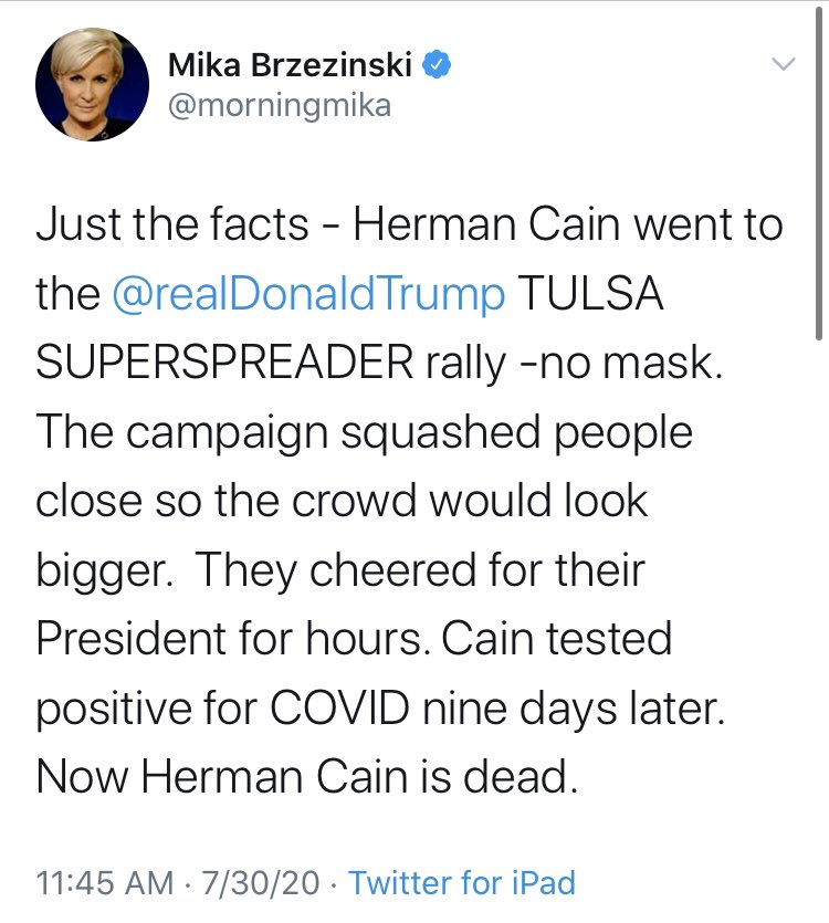 I’ll pause here to remind you that the response to Cain’s death was downright ghoulish. Just a sampling but here’s  @morningmika,  @jonlovett,  @chipfranklin and  @youngsinick.