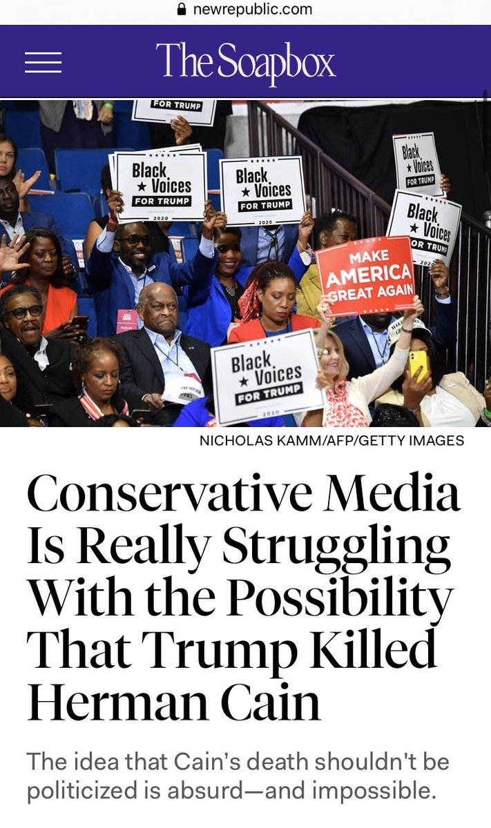  @newrepublic really ties themselves in knots here trying to explain that conservative media refuses to confront the facts about the passing of Cain, a cancer survivor, while mainstream outlets aren’t being tough enough on Trump’s decision to kill a terrorist.