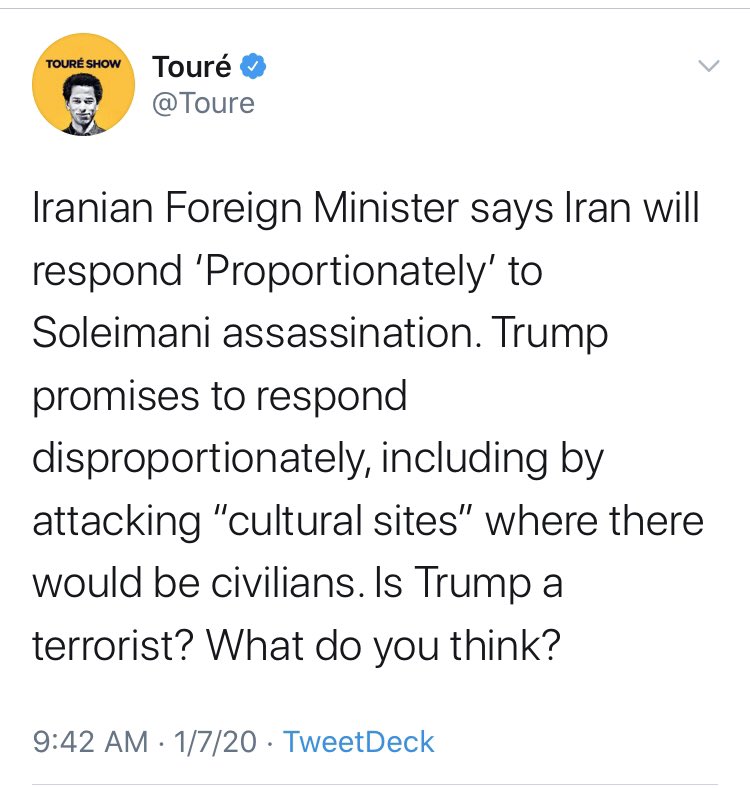 This one from  @Toure is also really bad. Cain’s death is more or less his fault. But Trump is a terrorist for...killing a terrorist? Alright.