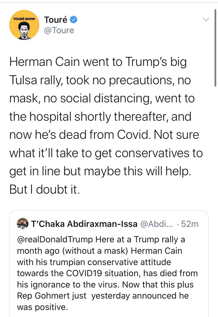 This one from  @Toure is also really bad. Cain’s death is more or less his fault. But Trump is a terrorist for...killing a terrorist? Alright.