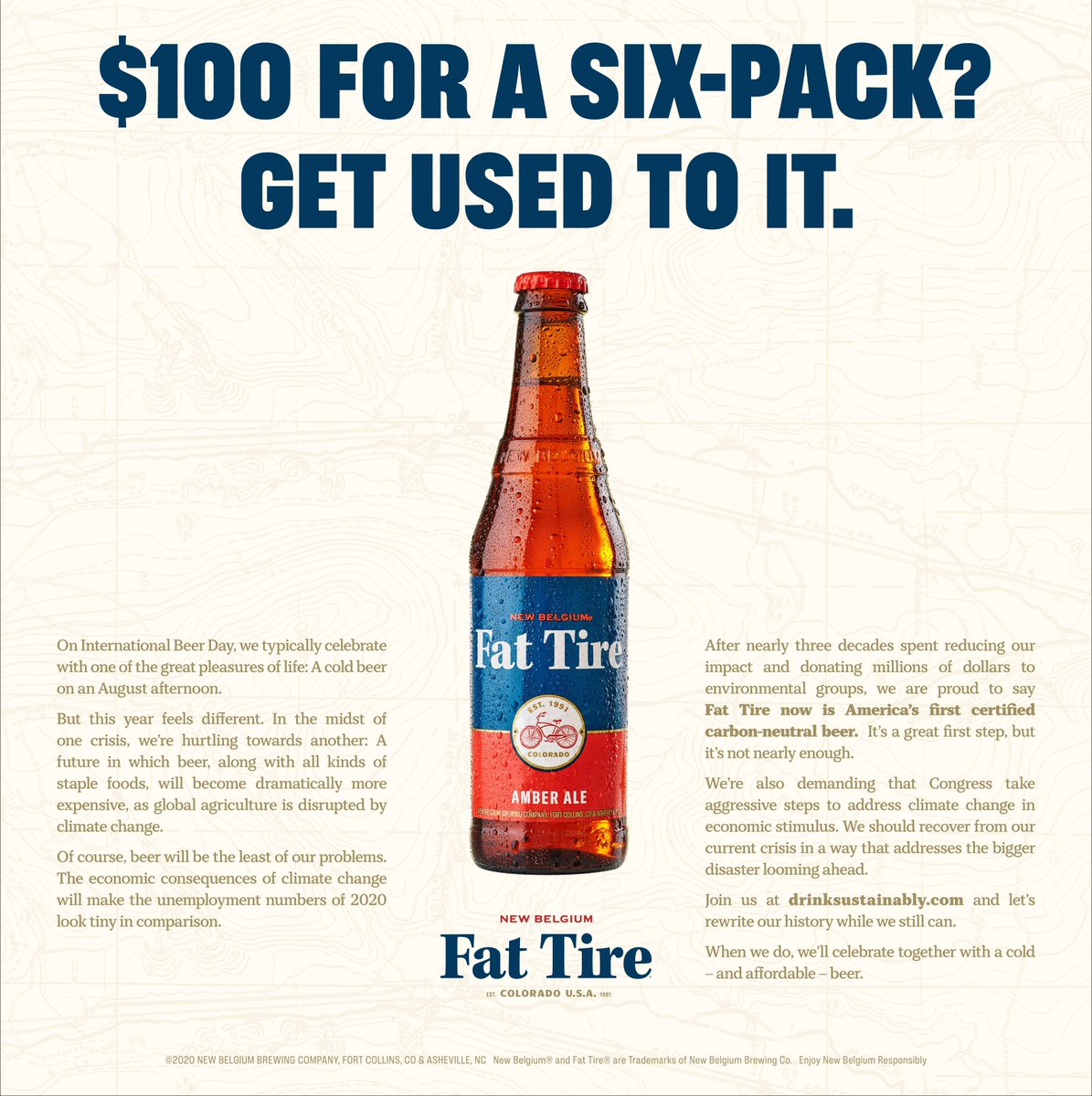 SCScertified's tweet photo. Did you see today's @nytimes ad? @newbelgium @FatTire raised the price of a six-pack to $100 today, the potential future cost as climate change disrupts agriculture &amp; impacts the #beer industry. Take action with Fat Tire at https://t.co/E0CJMpivED   
#CarbonNeutral #SCScertified https://t.co/RxZGguB6Oi