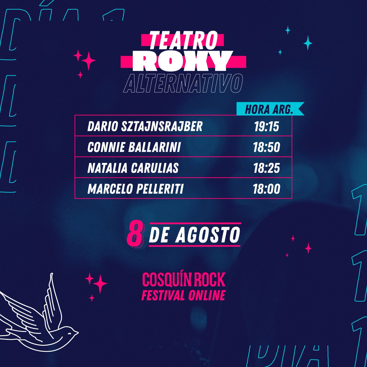 CosquinRockCo's tweet photo. ¡Mirá la #grilla de #CROnline con HORARIOS ARG!🙌 👉 DÍA 1 - 8 de agosto
🙌 Sumate a Hispanoamérica unida por la música ✊.
🔜 Este 8 y 9 de Agosto, a través de 📲 https://t.co/EQ7siFTOc3
➕ info y tickets en https://t.co/EQ7siFTOc3 
#CROnline https://t.co/v6NjLT1Udj
