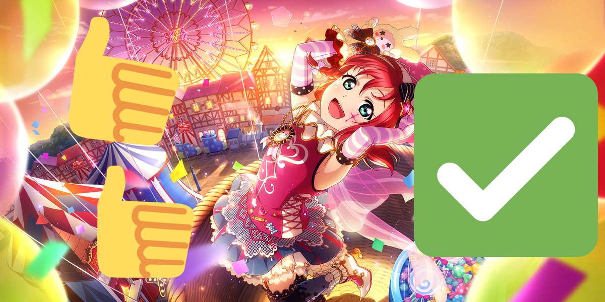 If your Fes Setsuna is not maxed out, please replace her in your guest list with Fes Mari or Circus Ruby or Blu Amor Umi. Or: How to pick the ideal SIFAS guest for maximizing your Voltage (especially for event song rankings) — a thread.↓