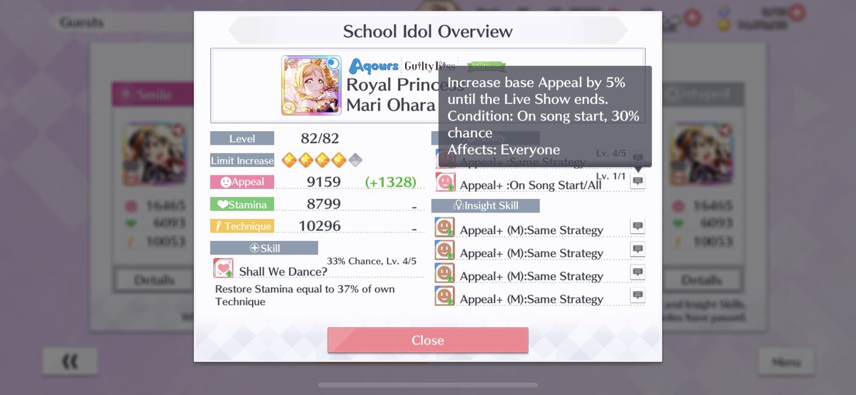 Mari, on the other hand, has a chance to give a 5% boost to EVERYONE (not just your main subunit) at the start of the live! So if Mari’s skill activates, (using the previous mentioned LB4 Mari) you’ll get a total boost of 19.5%, making her superior to the 15% from MLB Setsuna!