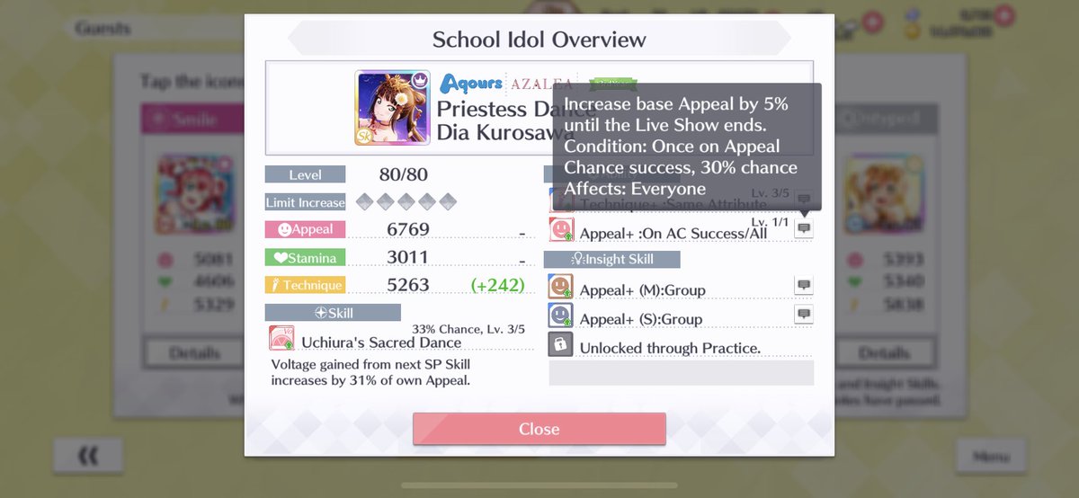 Note: this Dia has the same active skill, but her passive is Technique+: Same Attribute, which makes her not so useful.However, she does have high Appeal, so if you don’t have any better cards it might be worth it to equip her with a bracelet and add her to your backline!