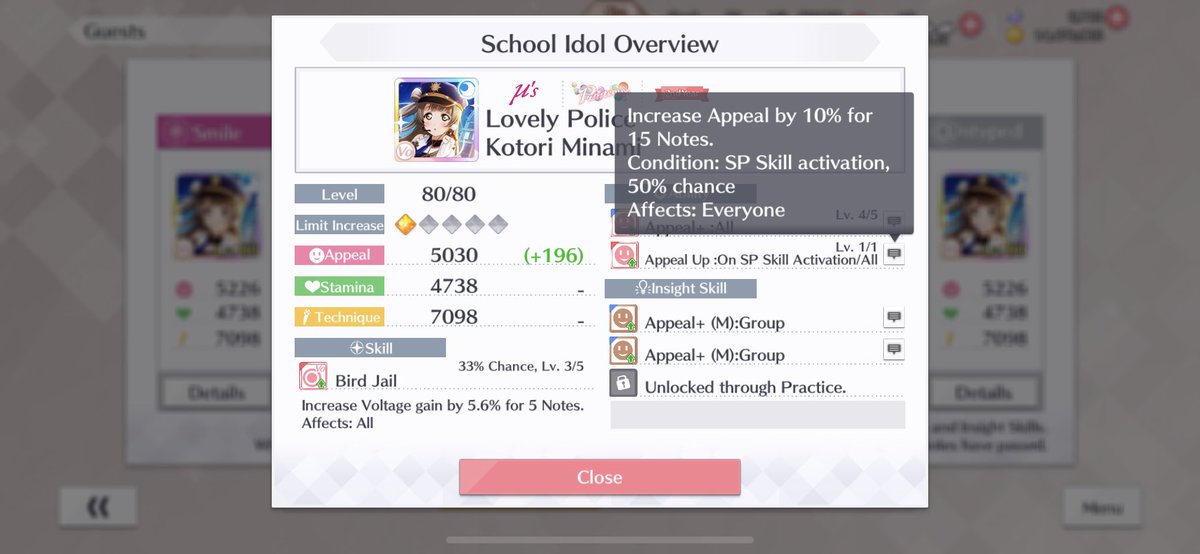 Special note: Coptori is an Appeal+ All card with a unique active skill that boosts Appeal by a 10% for 15 notes. It also has a whopping 50% chance to activate upon using your SP skill, making her more powerful than Kanata/Kanan if you can activate your SP skill often.