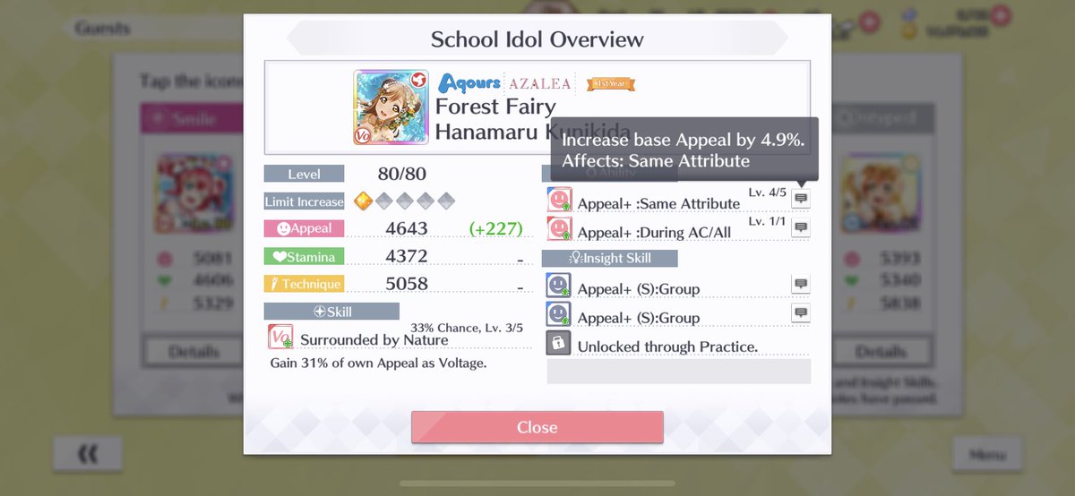 If you can’t find any of the above guests, try Forest Fairy Hanamaru. Her passive is only ideal if your team has a lot of cards that are the same attribute as your center, but she has the same powerful active skill as Nico. She also pairs well with Fes Setsuna as a backliner!