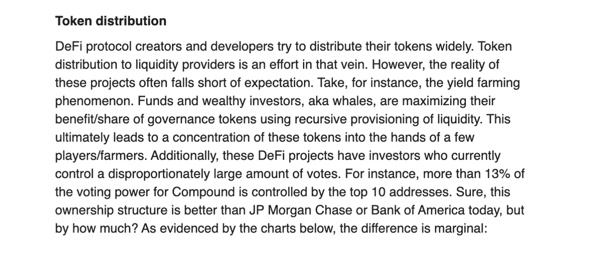 6/ The above largely overestimates the ability to course correct. Let’s examine each1) Token DistributionDeFi creators & devs try to distribute tokens widely. Token distribution to liquidity providers is an effort in that vein. But reality often falls short of expectations