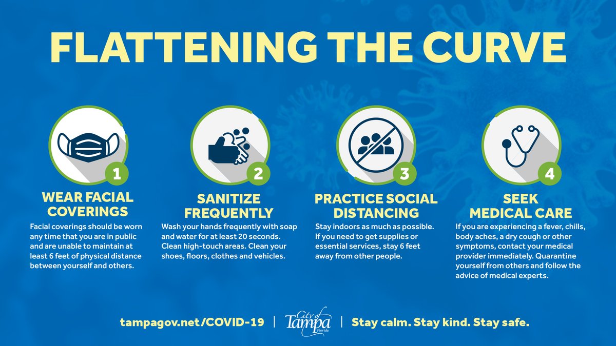 CityofTampa's tweet photo. Help us prevent the spread of COVID-19 with these 4 steps:
1️⃣ Wear a face covering
2️⃣ Wash your hands often (for at least 20 seconds)
3️⃣ Keep 6ft from others
4️⃣ Stay home &amp; get tested if you are ill 
@HillsboroughFL residents can call 888-513-6321 for free testing https://t.co/weLH2FTi0q