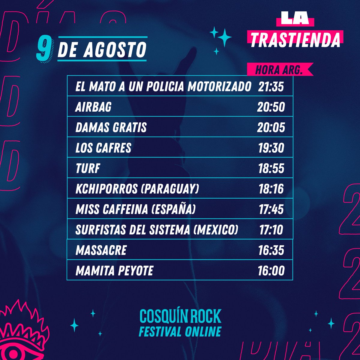 CosquinRockCo's tweet photo. ¡Mirá la #grilla de #CROnline con HORARIOS ARG!
🙌 
👉 DÍA 2 / 9 de agosto
🙌 Sumate a Hispanoamérica unida por la música ✊.
🔜 Este 8 y 9 de Agosto, a través de 📲 https://t.co/EQ7siFTOc3
➕ info y tickets en https://t.co/EQ7siFTOc3

#CROnline https://t.co/imThGhSt7F