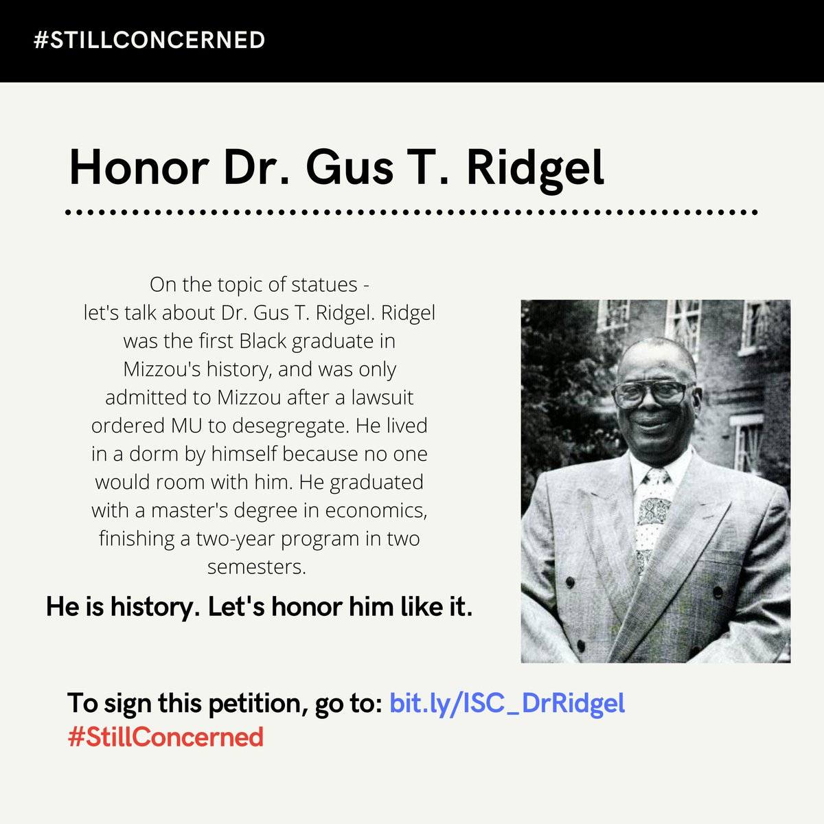 Demand 4: <a href="/Mizzou/">Mizzou</a>, let's honor Dr. Gus T. Ridgel. #StillConcerned (Thread: 1/5)

bit.ly/ISC_DrRidgel