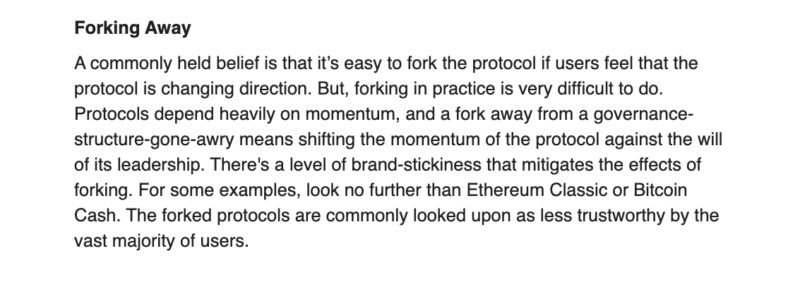 10/ 3) Forking Away: A commonly held belief is that it’s easy to fork the protocol if users feel that the protocol is changing direction. But, forking in practice is very difficult to do.