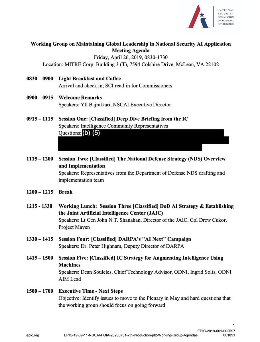 Finally, EPIC obtained more of the NSCAI's working group agendas and minutes, which are just now coming to light a year later. https://epic.org/foia/epic-v-ai-commission/EPIC-19-09-11-NSCAI-FOIA-20200731-7th-Production-pt2-Working-Group-Agendas.pdf https://epic.org/foia/epic-v-ai-commission/EPIC-19-09-11-NSCAI-FOIA-20200731-7th-Production-pt3-Working-Group-Summaries-of-Conclusions.pdf