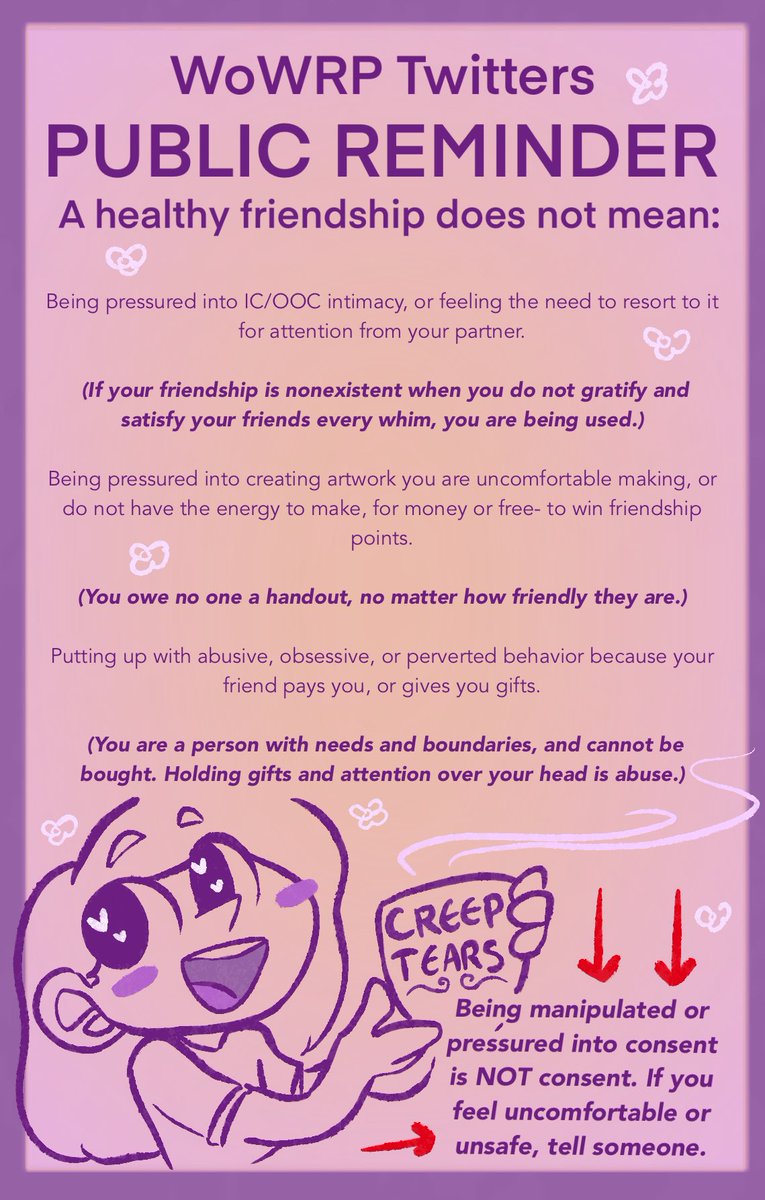  PUBLIC PSA/SAFETY REMINDER ON FRIENDSHIP, SAFE RELATIONSHIPS AND BOUNDARIES  I know theres at least one person out there who needs to see this.__If you suspect you may be in an abusive IC or OOC relationship online, I’ll be posting helpful links in the thread.