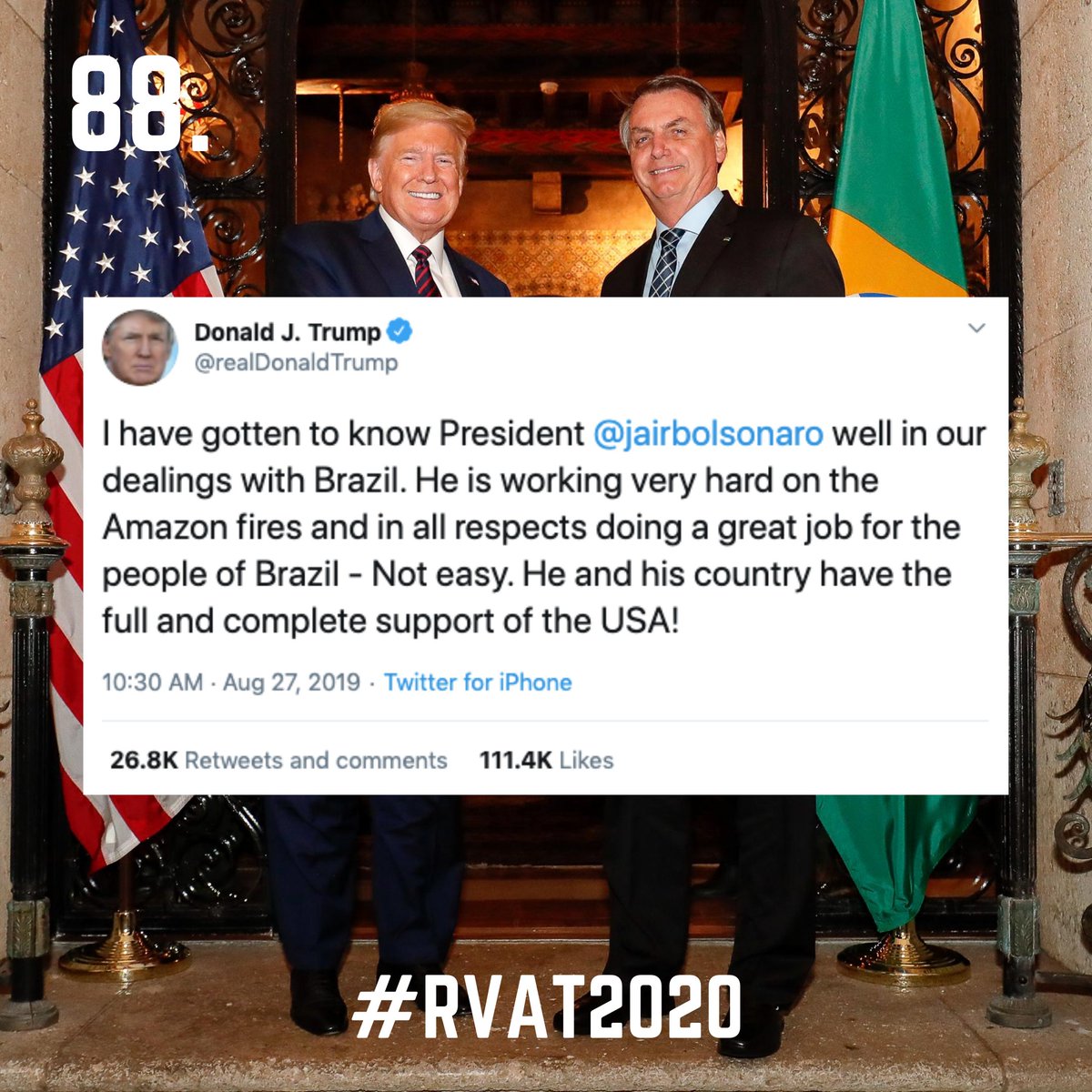 88. Jair Bolsonaro is NOT doing a great job for the people of Brazil, and Trump has an obligation to speak out against some of the horrible things he has said and done. Instead, we get this: