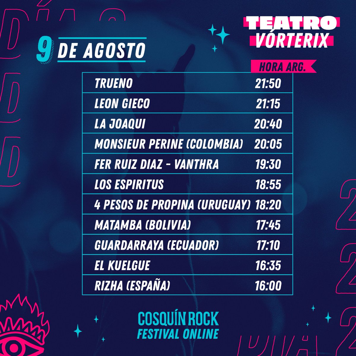 ¡Mirá la #grilla de #CROnline con HORARIOS ARG!
🙌 
👉 DÍA 2 / 9 de agosto
🙌 Sumate a Hispanoamérica unida por la música ✊.
🔜 Este 8 y 9 de Agosto, a través de 📲 cosquinrock.net
➕ info y tickets en cosquinrock.net

#CROnline