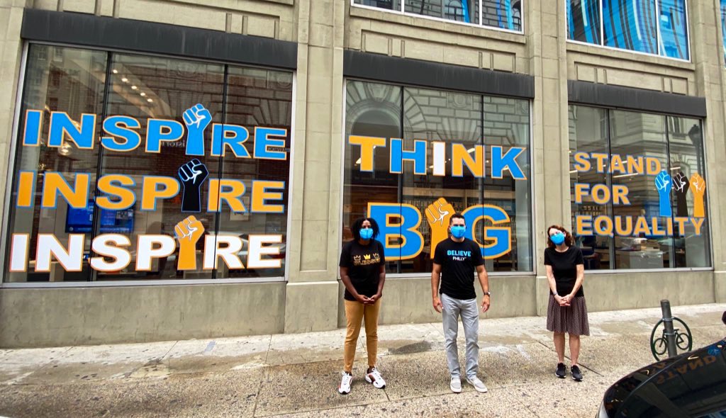 WilliamGStovall's tweet photo. What a great honor today to meet Jane Golden of Mural Arts of Philadelphia &amp; Mary Baxter of Art for Justice, the artist who designed our beautiful equality mural adorning our Downtown Walnut St store. So thankful for their support &amp; partnership. #StandforEquality #LifeAtATT ✊🏿 https://t.co/zqjGZTiiS4
