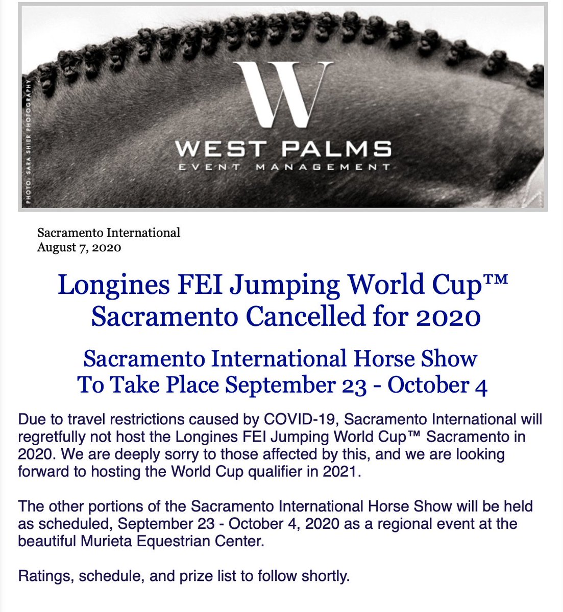 WestPalmsEvents's tweet photo. Longines FEI Jumping World Cup Sacramento Cancelled for 2020 https://t.co/e4JDolQ4rO https://t.co/b7fIz6rZjP