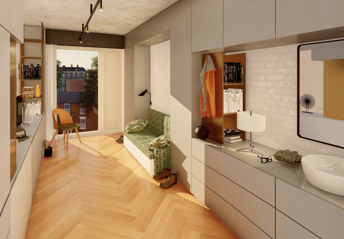 Here’s a sample room: 12m², a single window, and just enough for a fold-down bed and a toilet. (Most rooms are 16m².) At what point do you stop calling this an apartment and start calling it a fancy cell? 3/