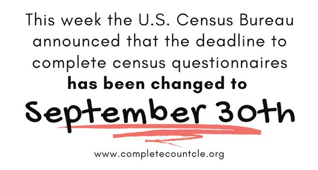 ECPLtweets's tweet image. U.S. Census deadline has been changed to September 30! Get your questionnaire done today: my2020census.gov #completecountcle