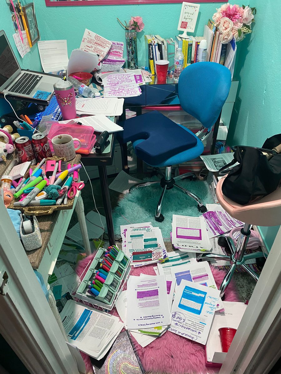NormalIsnt_Real's tweet photo. ADHD humor: A young woman enrolled in a Master's degree program sent us this photo and caption: the ADHD mind attempting a masters level paper depicted in a single photo.  Thanks for sharing! We appreciate your humor and love the colorful office! #adhd #normalisntreal https://t.co/kpXkJwB9wl