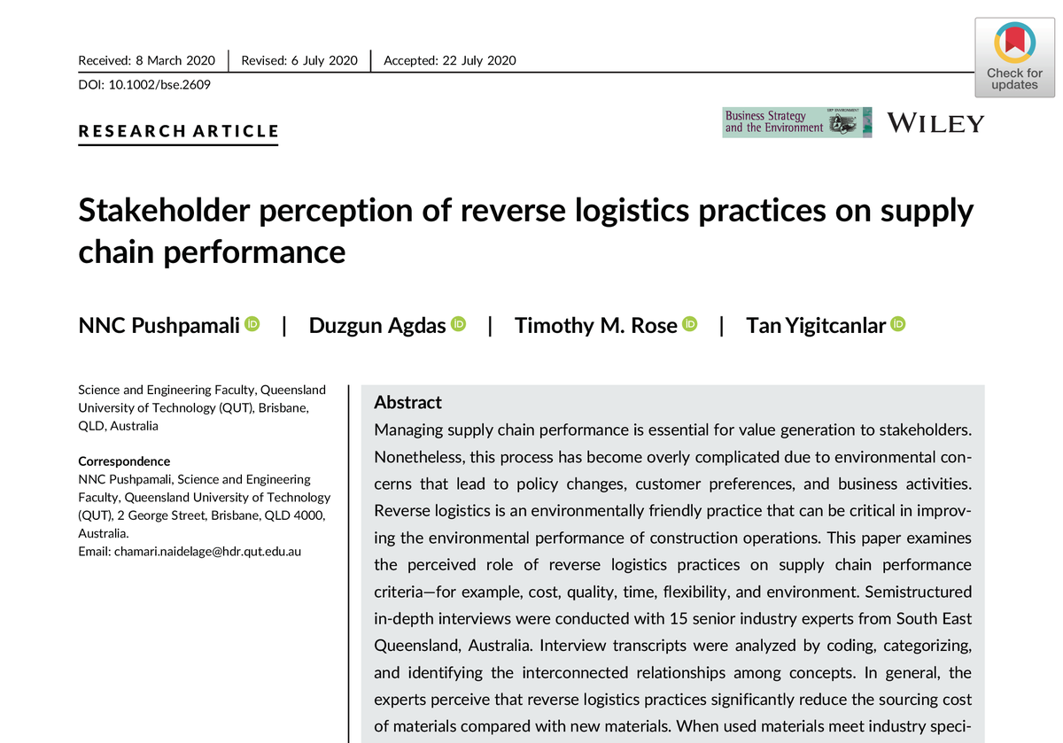 yigitcanlar's tweet photo. New research paper (w/ Pushpamali, Agdas, Rose) published at 'Business Strategy and the Environment' on #StakeholderPerception of #ReverseLogistics practices on #SupplychainPerformance.
Available from https://t.co/JUuNvvp51J
@UrbanStudiesLa1 @IFE_QUT @QUT @QUTmedia @QUTSciEng https://t.co/5gnpvhyFPw