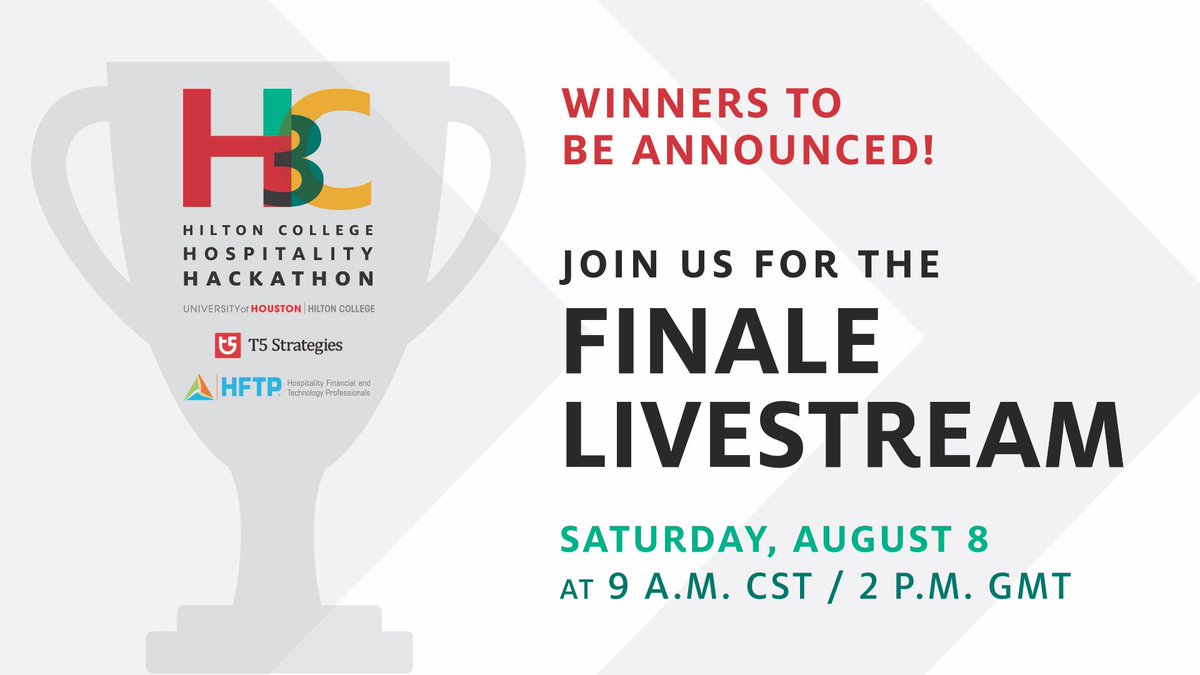 Join us Saturday, August 8 at 9 a.m. CST for the finale of the first ever international Hilton College Hospitality Hackathon at uh.edu/hilton-college… where the winners will be announced live! <a href="/HFTP/">HFTP/HITEC</a> 
#HC3 #HiltonCollege #Hackathon #Finale #WeAreHospitality