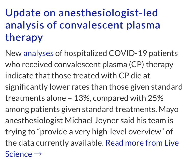 Dr. Mike Joyner and his convalescent plasma program featured in the <a href="/ASALifeline/">ASA®</a> email newsletter. 

h<a href="/DrMJoyner/">Michael Joyner</a>.livescience.com/convalescent-plasma-therapy-reduces-covid19-deaths.html

@DrMJoyner #MayoAnesResearch