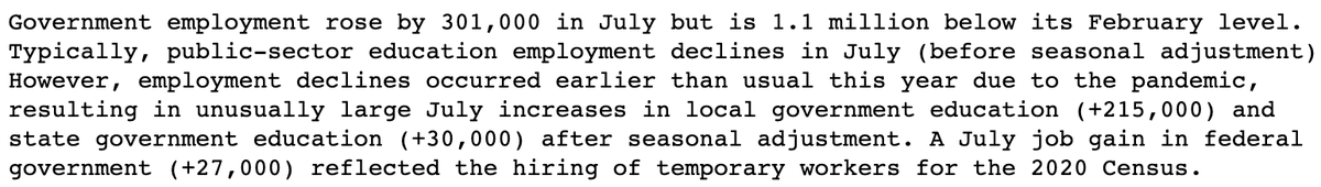 State/local govts are also broke, and federal relief remains uncertain. July report showed those payrolls up but really an artifact of screwy seasonal adjustment issues (usual July layoffs got pulled forward b/c of pandemic). From BLS report