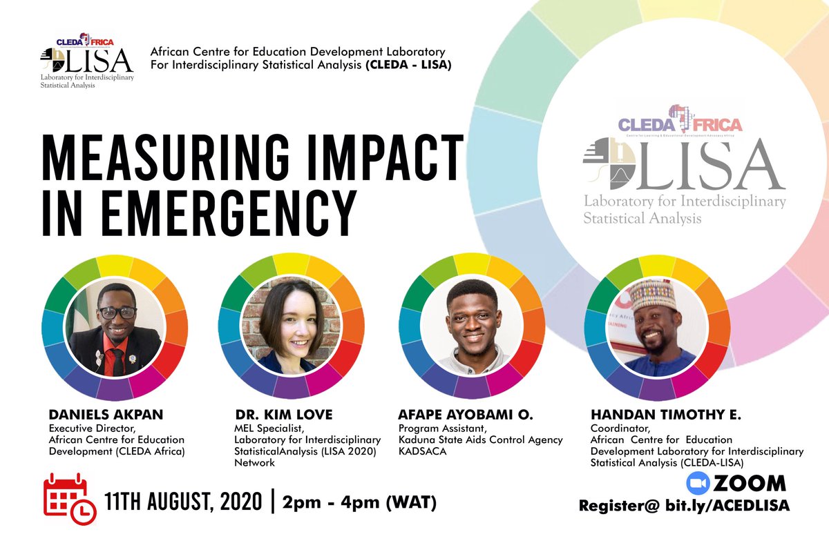 Register to join our Executive Director <a href="/danielsakpan/">Daniels Akpan</a>, Dr. Kim Love from <a href="/LISA__2020/">LISA 2020</a>, Mr. Afape Ayobami, and Handan Timothy to discuss how to measure impact in Emergencies!

Follow this link to register bit.ly/ACEDLISA