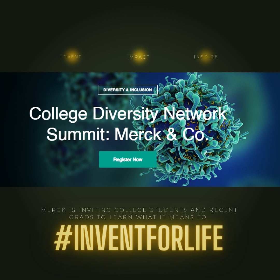 accareered's tweet photo. In partnership w/ Racing Towards Diversity & College Diversity Network, Merck is inviting college students & recent grads, next Tue. Aug 11 from 9 AM-2 PM EDT, to learn about their broad range of careers & what it means to #InventForLife! Register here: https://t.co/hvUsvwlTEw https://t.co/XzwvfUDYLh