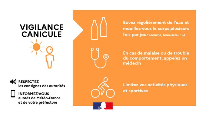 #chaleur
⚠️ Le #Calvados passe en #VigilanceOrange #canicule ?
?️Les températures resteront élevées durant tout le #weekend.
➡️Hydratez-vous
➡️Soyez attentifs aux personnes fragiles
➡️Évitez de sortir aux heures les plus chaudes

Conseils et prévention ⤵️
http://www.calvados.gouv.fr/vague-de-chaleur-dans-le-calvados-conseils-et-a7824.html