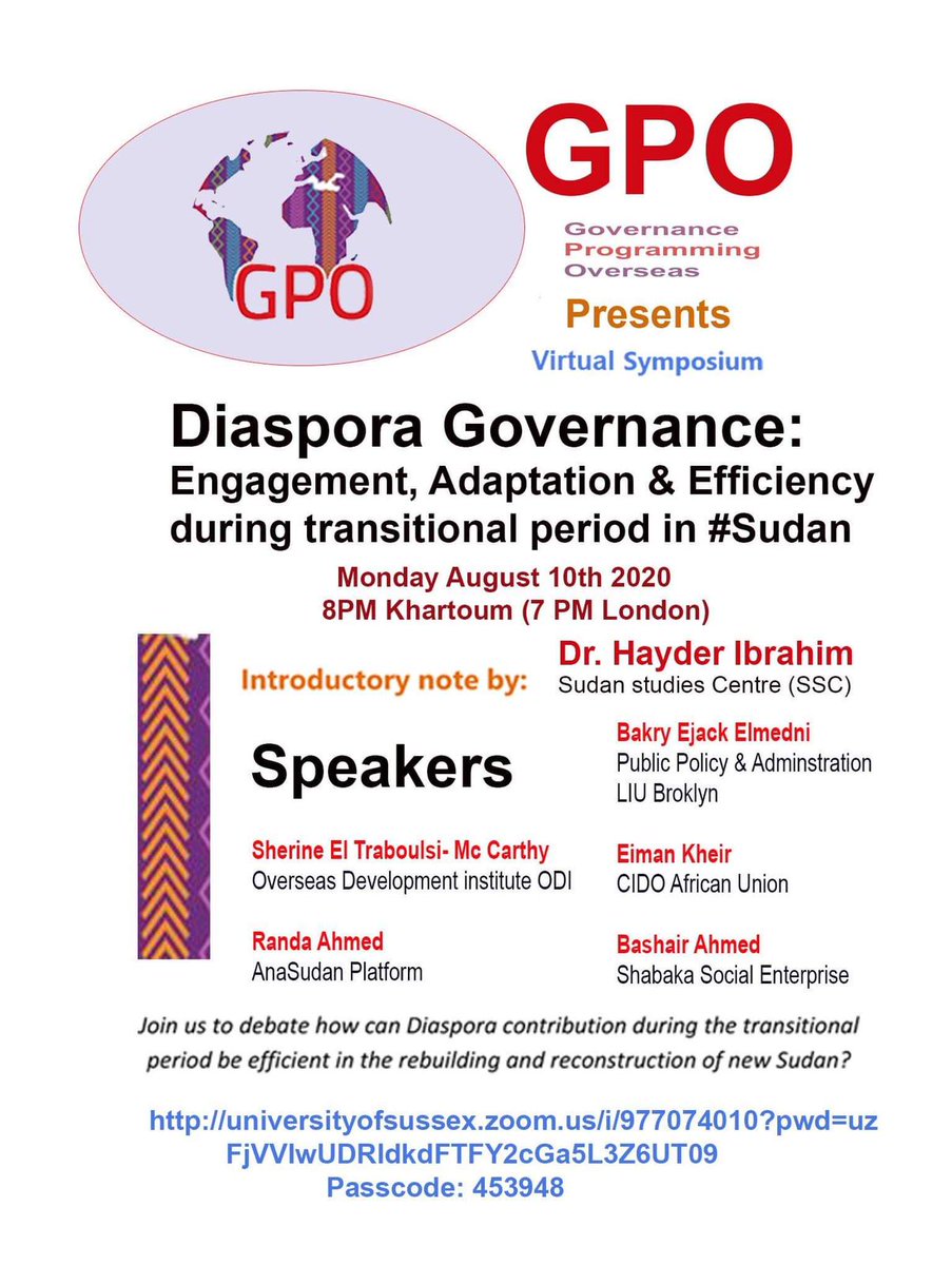 GovernancePO's tweet photo. This coming weekend is a busy weekend
#GPOThinkTank capacity building on Sunday by Dr Gamal Ibrahim #Governance #Planning #Development in Sudan
Then our public Symposium on Monday #Diaspora #Governance engagement, adaptation and efficiency during transitional period https://t.co/v1BRs0bLEI