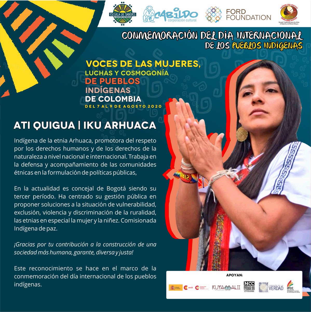 mcdelcaribe's tweet photo. Reconocimiento a @AtiQuigua, mujer líder de la etnia Arhuaca, en el marco de la conmemoración del #DiaInternacionalDeLosPueblosIndigenas 
¡Gracias por esa gran contribución a la construcción de una sociedad más humana, garante, diversa y justa! https://t.co/R9QB3ZS4kL