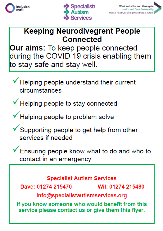 RobinLanePudsey's tweet photo. Advonet/Leeds Autism AIM &amp; Specialist Autism Services 
Keeping People Connected Service is free and available now for people with neurodiverse conditions such as Autism, ADHD, mild learning disabilities. See pictures for more information. https://t.co/9MNjwBdMli