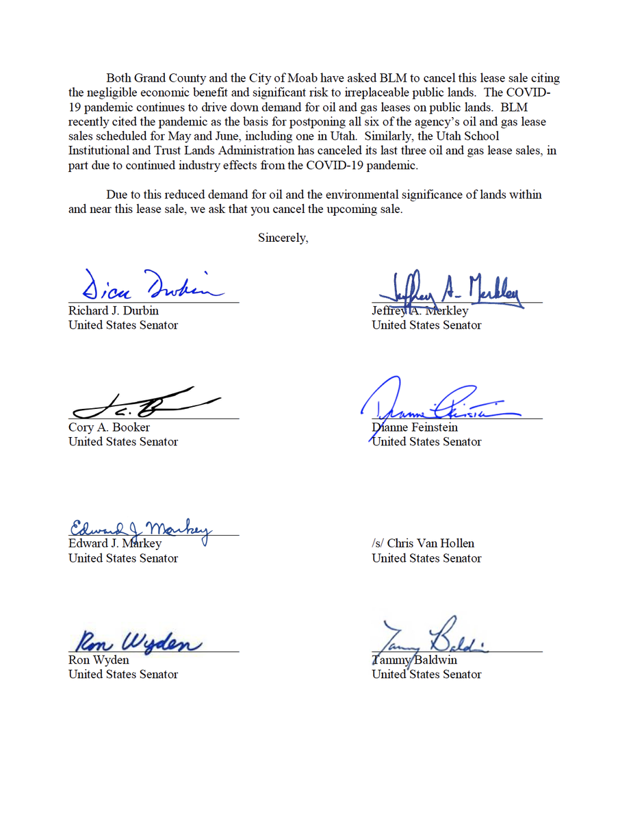 SenatorDurbin's tweet photo. .@SecBernhardt’s upcoming oil & gas lease sale on UT’s #PublicLands is bad business. The past 3 UT lease sales had low returns, with over half the land sold for just $2/acre, so I & 14 of my @SenateDems colleagues just asked him & #Pendley to cancel the sales & #ProtectMoab: https://t.co/8k1wpxYK4I