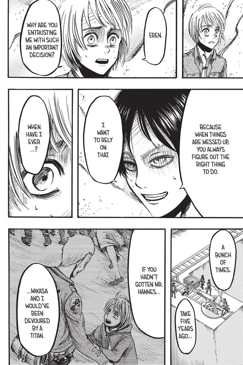 not only he saved the first hope of humanity's victory (like erwin always said that eren's titan power was their hope). but armin has saved his two childhood friends, eren and mikasa. he did it.