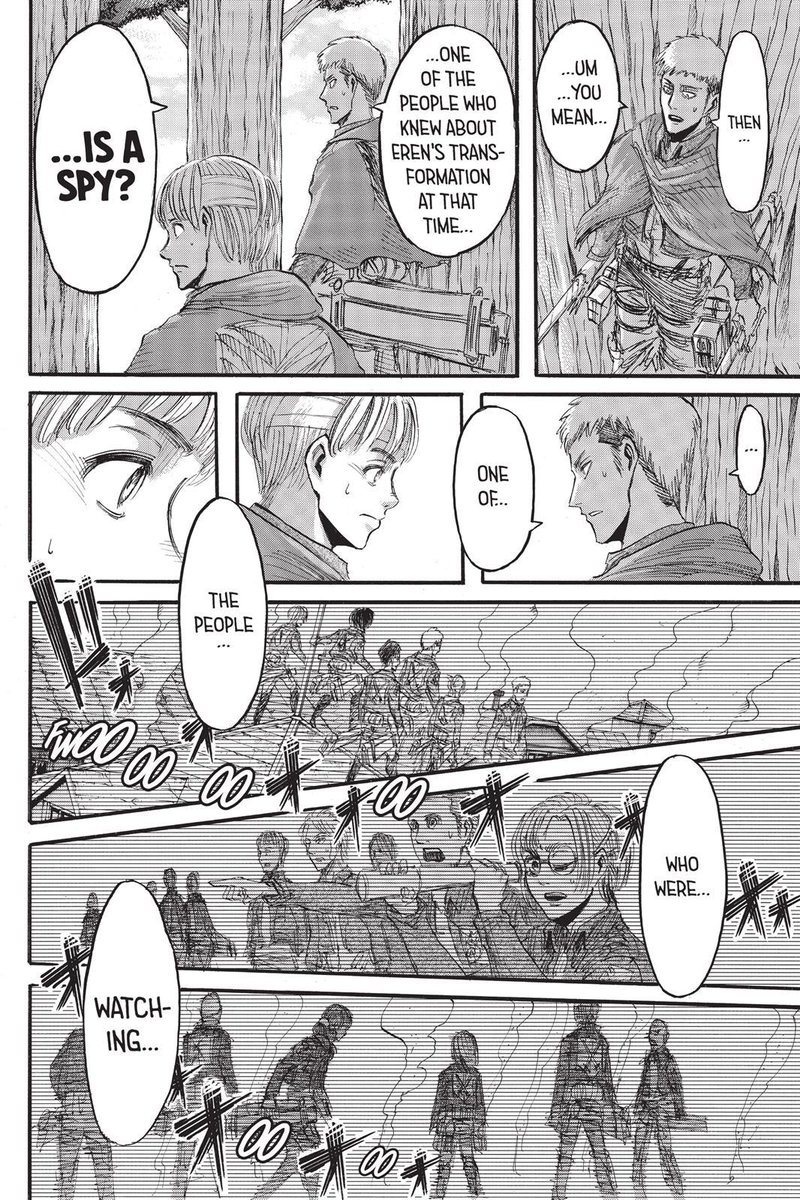 he was the one who figured out that there might be a spy among them (especially the soldiers who were in district trost that day eren carried the boulder).