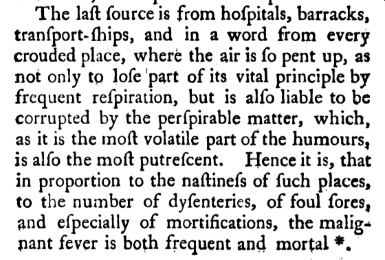 Let's start with Pringle's 1749 book about army medicine. Some quick highlights:- Avoid pent up air (pic 1)- The more fresh air, the better (pic 2)- Set up hospitals in the most spacious buildings you can, with fewest patients, and best airflow. Broken windows are good.