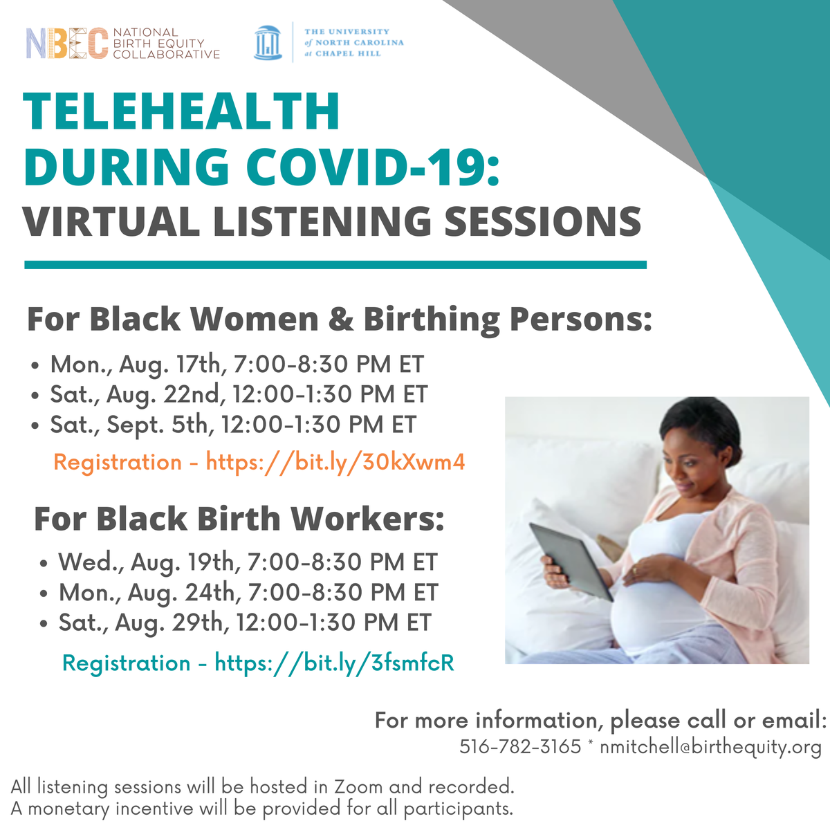 rhimpact__'s tweet photo. NBEC invites birth workers and women/birthing persons to participate in a listening session on telehealth!  We must ensure the delivery of quality maternity care services via telehealth to communities disproportionately impacted during the COVID-19 pandemic. https://t.co/qS6zQLLRFs