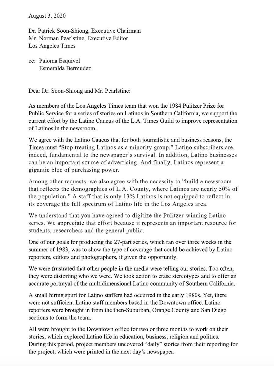 The team's surviving members wrote  @latimes owner & management a powerful letter: "We urge you take advantage of this opportunity to build a staff that is diverse, inclusive and more reflective of Los Angeles’ population." #SomosLAT