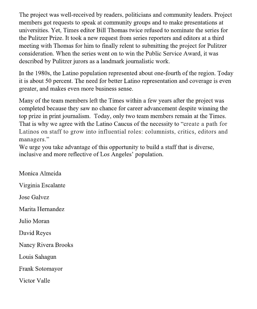 The team's surviving members wrote  @latimes owner & management a powerful letter: "We urge you take advantage of this opportunity to build a staff that is diverse, inclusive and more reflective of Los Angeles’ population." #SomosLAT