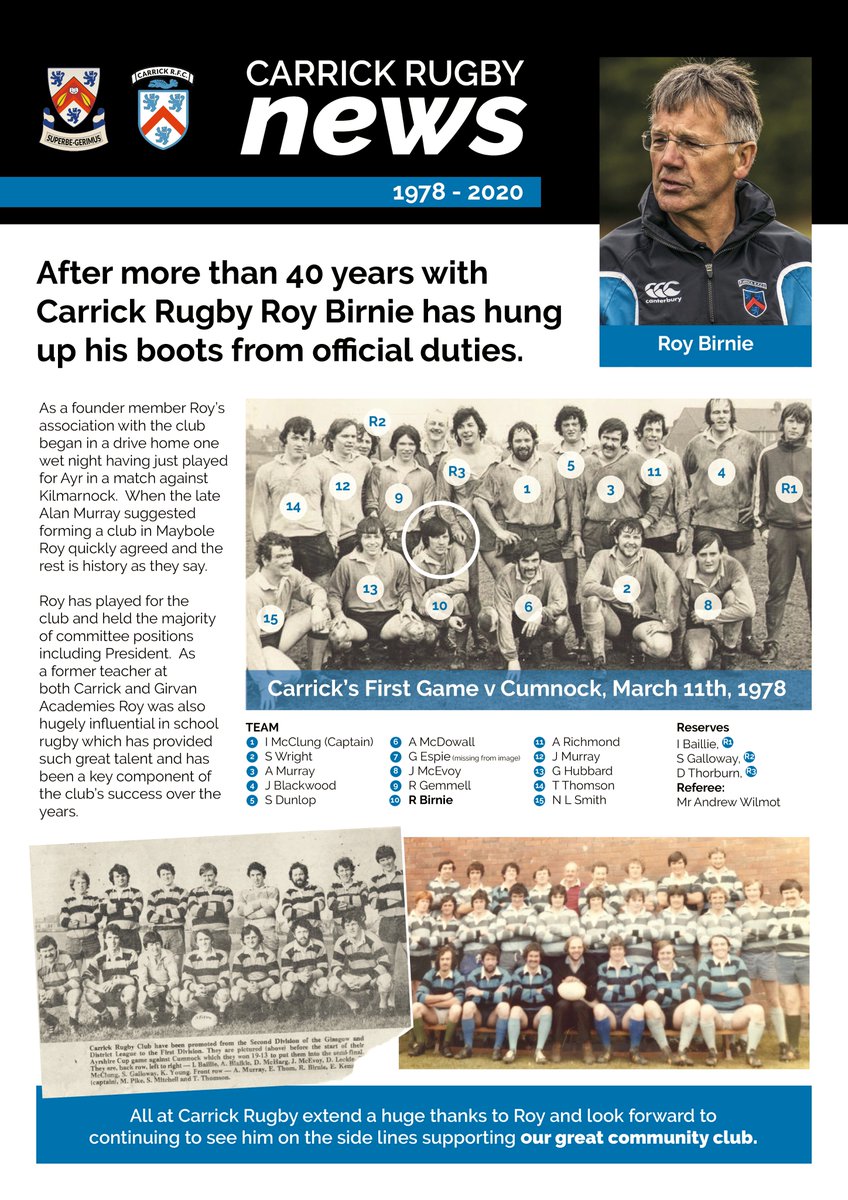 Carrick_RFC's tweet photo. Everyone at Carrick Rugby thanks Roy Birnie for his many years of loyal service and wishes him all the best in his rugby retirement. https://t.co/mEWIcm9XGs