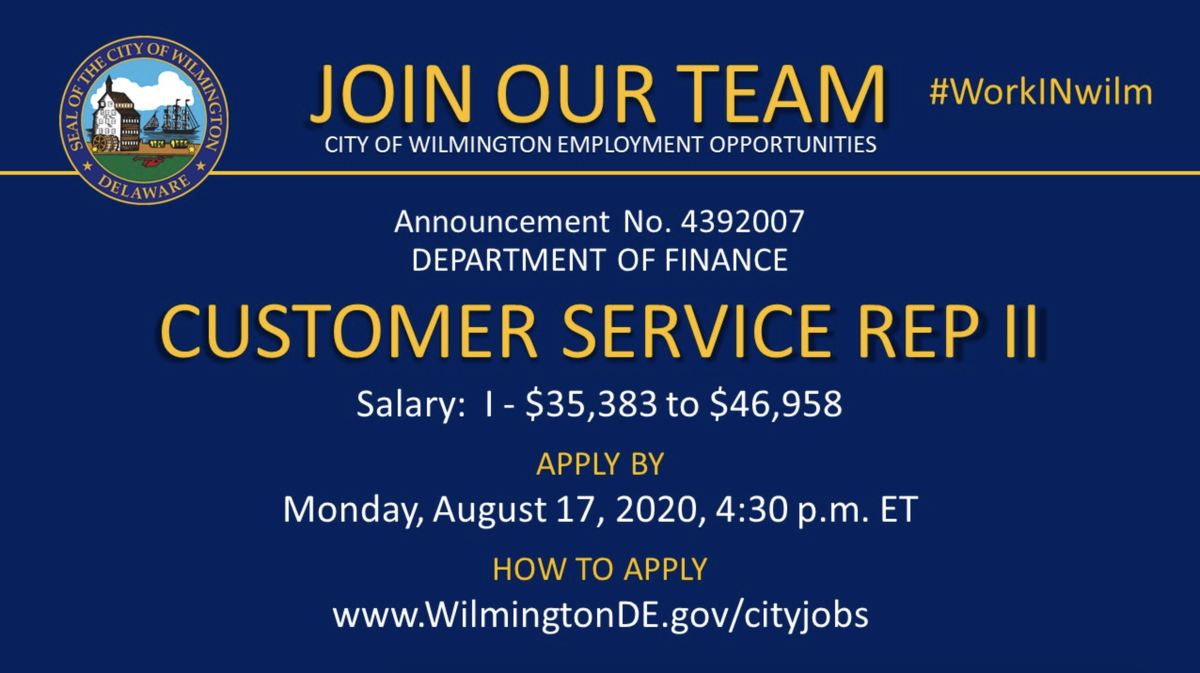 cityofwilmde's tweet photo. 📣 #NOWHIRING: Customer Service Representative II
This position will remain open until Monday, August 17, 2020. Apply online today!
Apply here ➡️ https://t.co/E3C5mx7sOH
#WilmDE #netDE #JobAlert #JobsDE #jobs #CityJobs #CustomerService #WorkInWilm https://t.co/QuWfKVAy5M