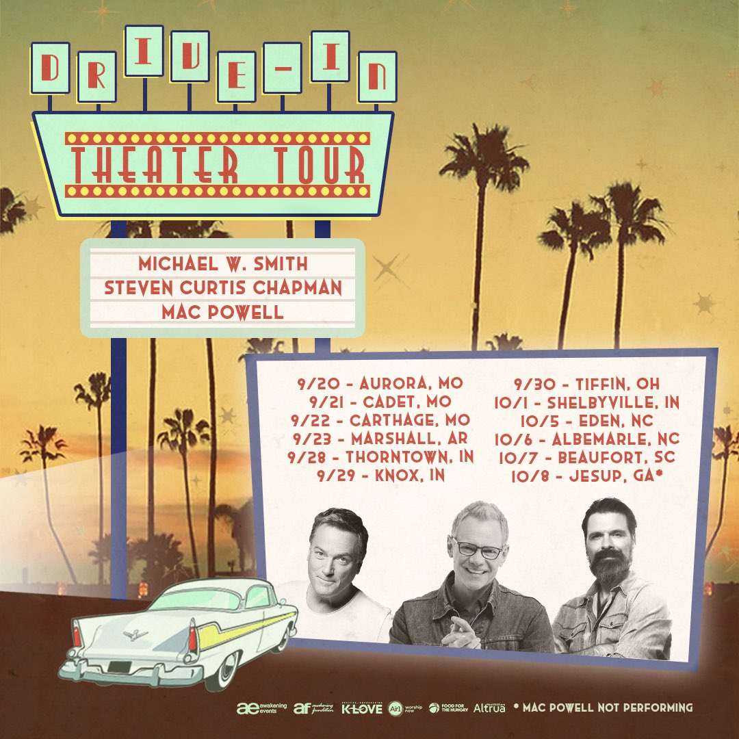 StevenCurtis's tweet image. NEW DATES ON SALE NOW! Come join me, Michael W. Smith, and Mac Powell for the second leg of the Drive In Theater Tour this Fall! Tickets are on sale NOW at driveintheatertour.com/msm
Hope we’ll see you there!