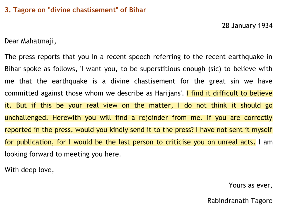 The trust they have in each other is amazing. See this letter for example. Tagore writes to Gandhi to confirm if he made a statement and sends his rejoinder to him. In case Gandhi did say what was reported in the press, he asks Gandhi to publish Tagore's scathing reply. Amazing.