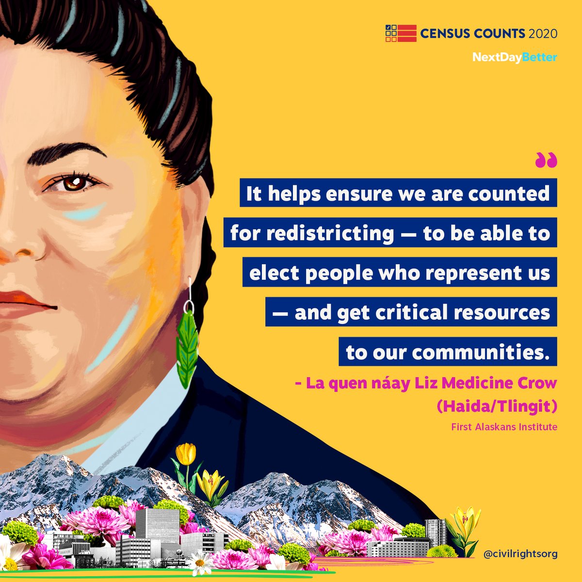 NextDayBetter's tweet photo. Is being born an Alaska Native a political act? 

@lizmedicinecrow of @firstalaskans believes so. And everyone can build their political power by participating in the census. #CensusCounts 

Go to https://t.co/5LDcMMyvjZ. #firstpeoplefirst

@NextDayBetter @civilrightsorg https://t.co/fXKpdWLXMm