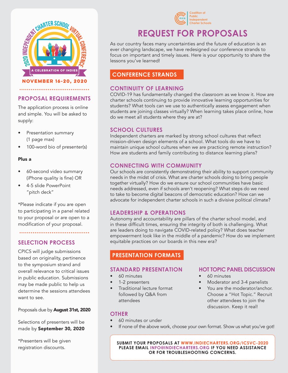 Here is your opportunity to share the lessons you’ve learned! Submit a proposal for #ICSVC20 Take a look at the conference strands and the different presentation formats. Learn more here: bit.ly/3kiNtpZ #indiecharters #edchat #charterschools