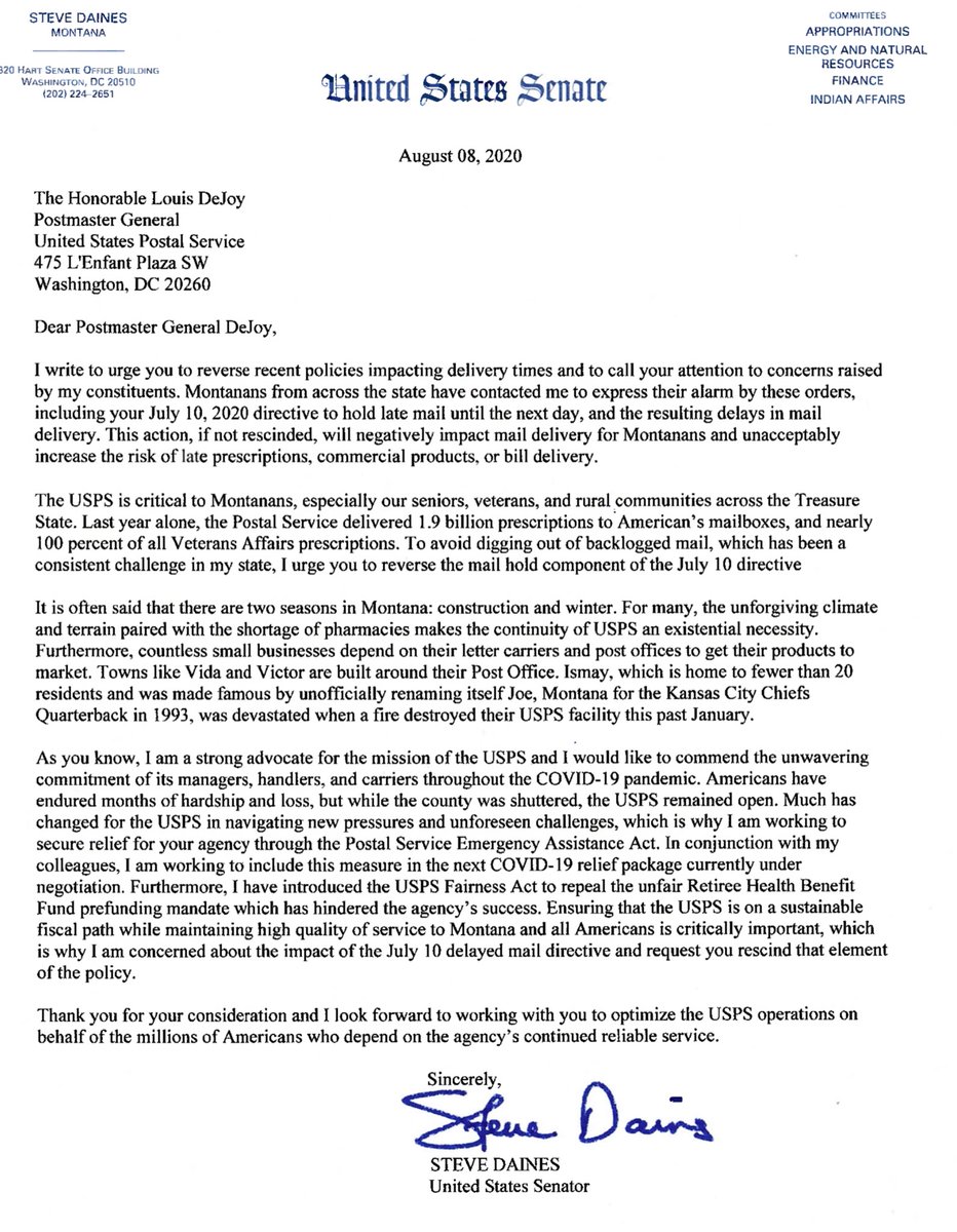 Well hiya Bipartisanship 1/3“...delivered 1.9 billion prescriptions to Americans' mailboxes, and nearly 100 percent of all Veterans Affairs prescriptions...I am concerned about the impact of the July 10 delayed mail directive and request you rescind that element of the policy.”